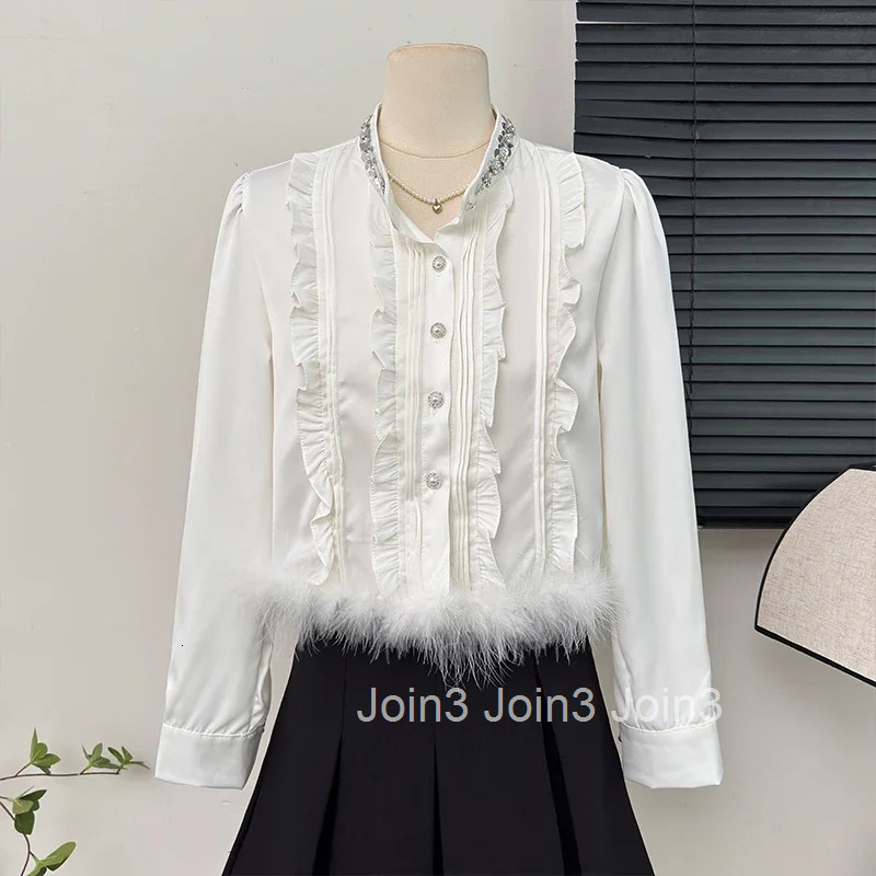 White Crop Tops Blouses for Women Diamond O-neck Long Sleeve Shirts 2025 Blusas Mujer De Moda Tunic Ruffles Temperament Blouse