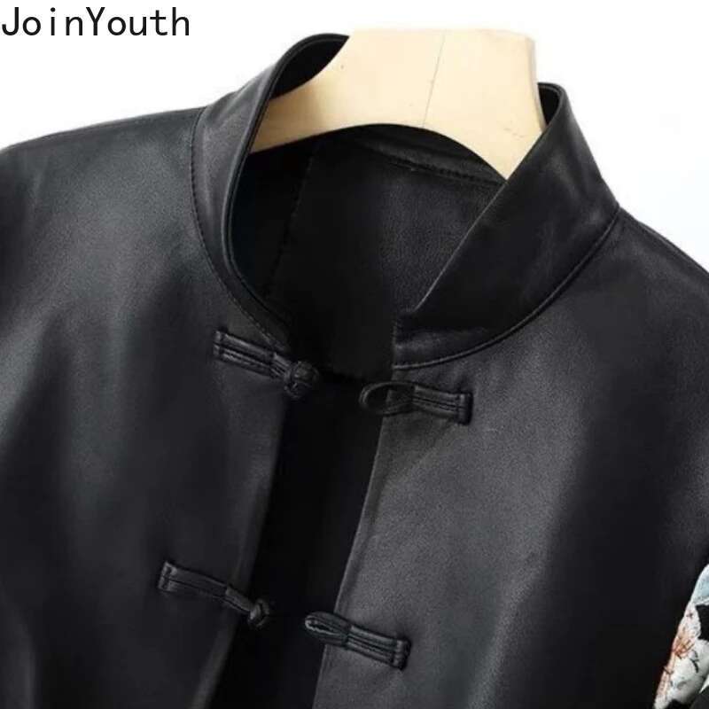 Chinese Style Vintage Women Jackets Patchwork Leather Stand Neck Temperament Tops Chic Embroidery Floral Single Breasted Coats