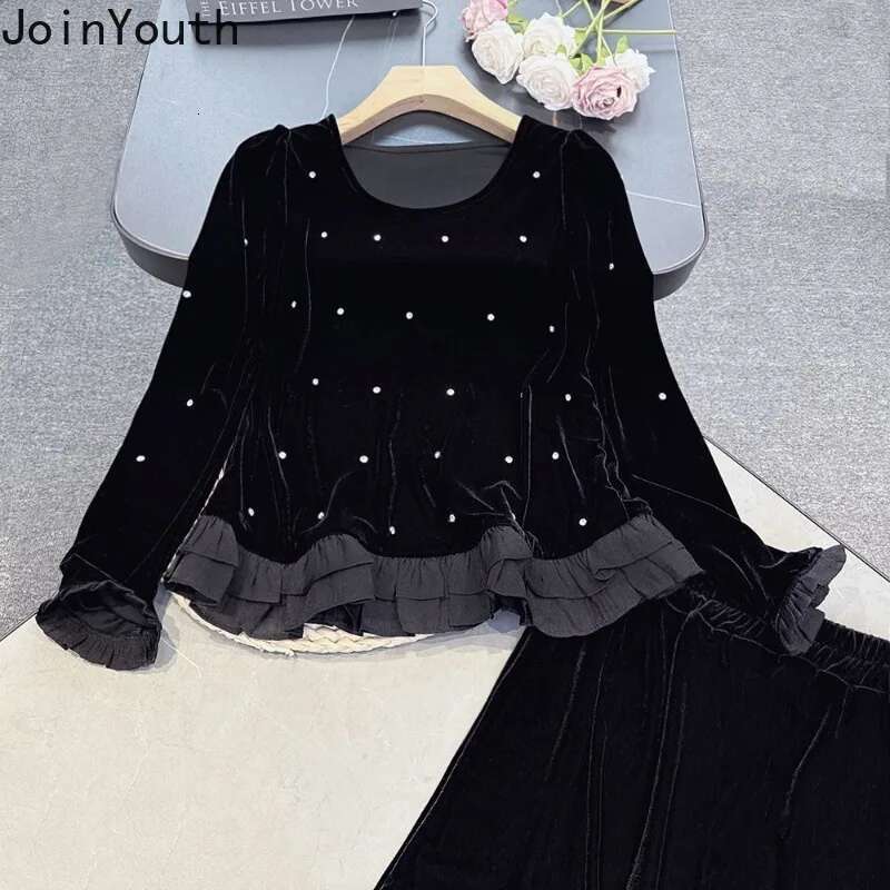 Velvet T Shirts Womens Clothing Long Sleeve O-neck Ruffles Tees Heavy Diamond Slim Fit Camisetas Korean Temperament Tshirt Tops