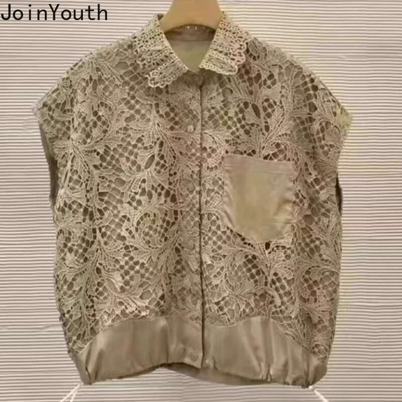 Camisas De Mujer Sleeveless Summer Blouse Womens Clothing 2025 Patchwork Striped Lace Embroidery Fashion Shirts Tops Female