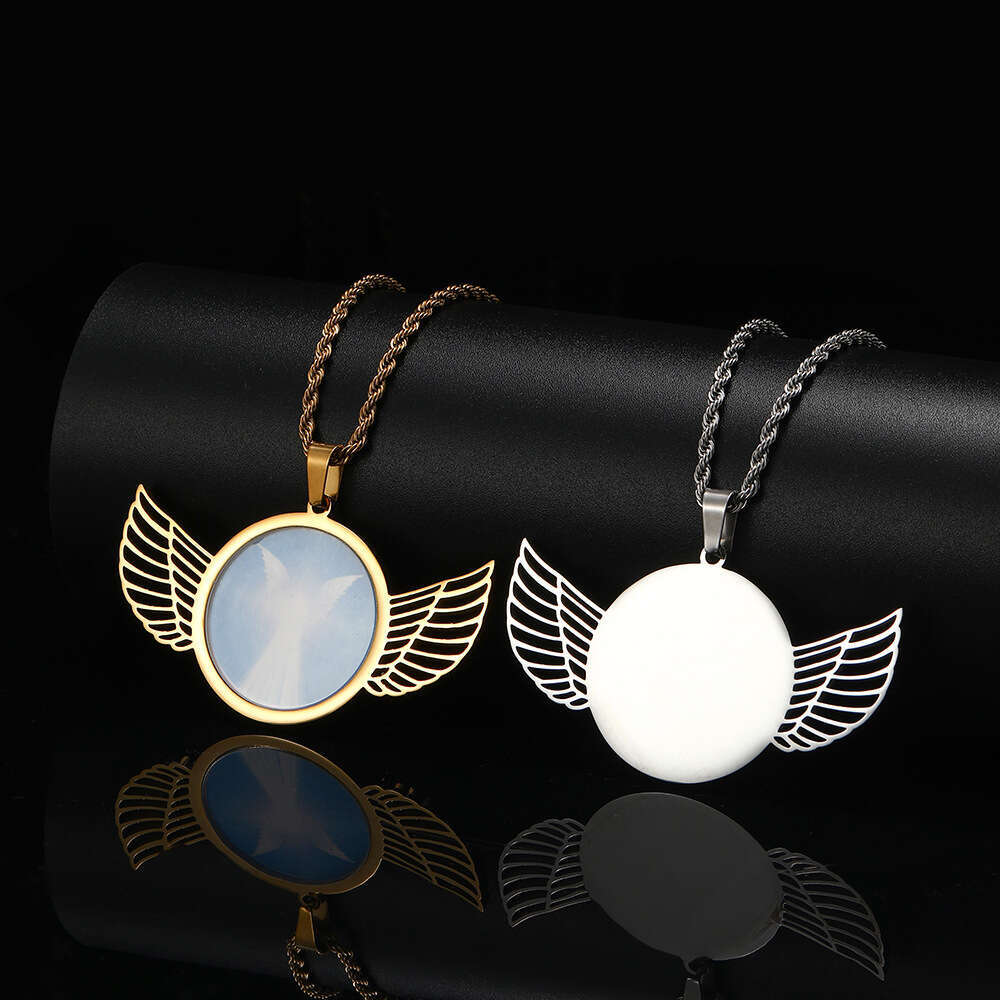 Hip Hop Stainless Steel Photo Pendant DIY Creative Wings Round Frame Men's Necklace Jewelry e310