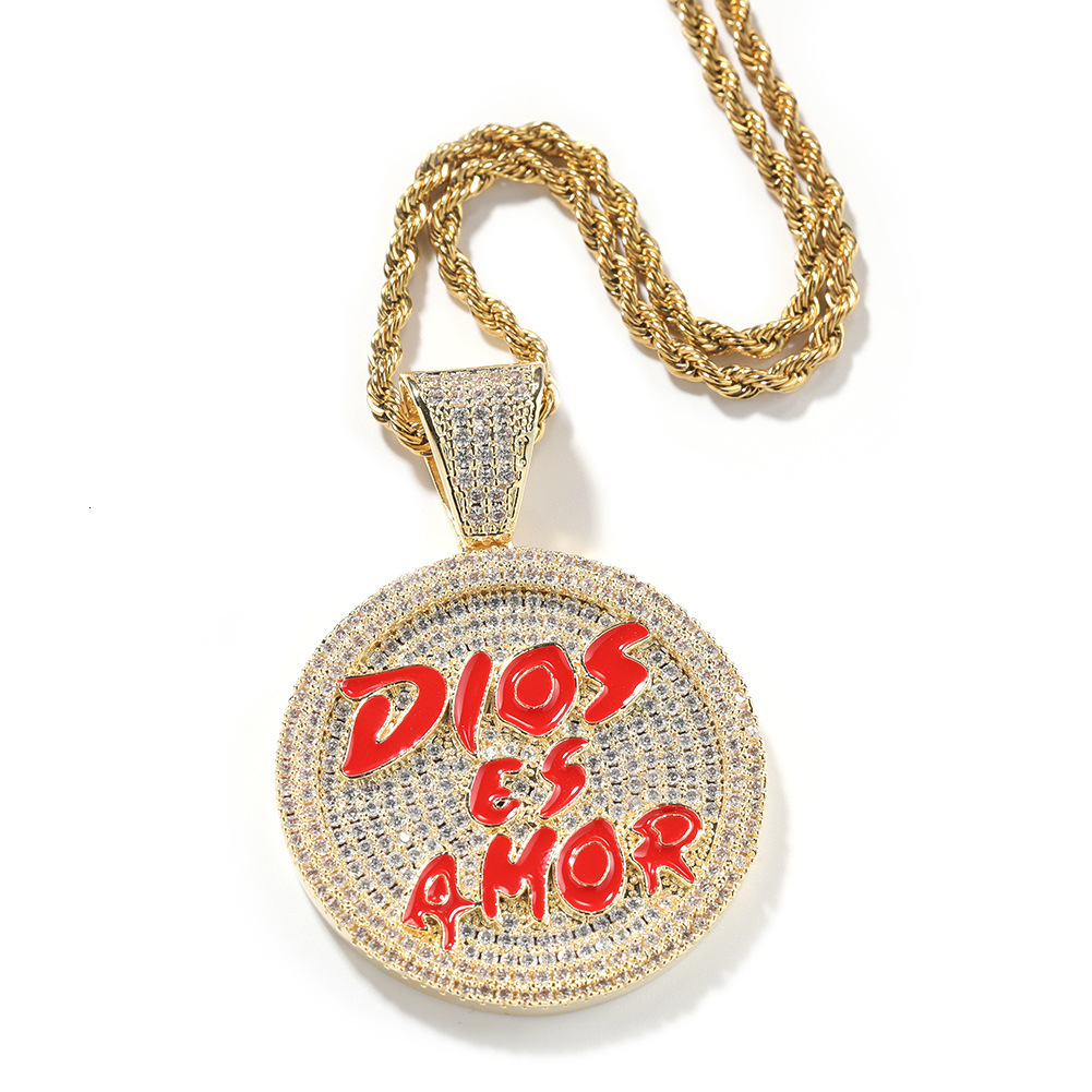 Bling Letter Disk Round Pendant Necklace Diamond Studded Hip-hop Necklace Ins Street Mens Fashion Accessories Wolf Tide Rapper Hip Hop Punk Rock Jewel