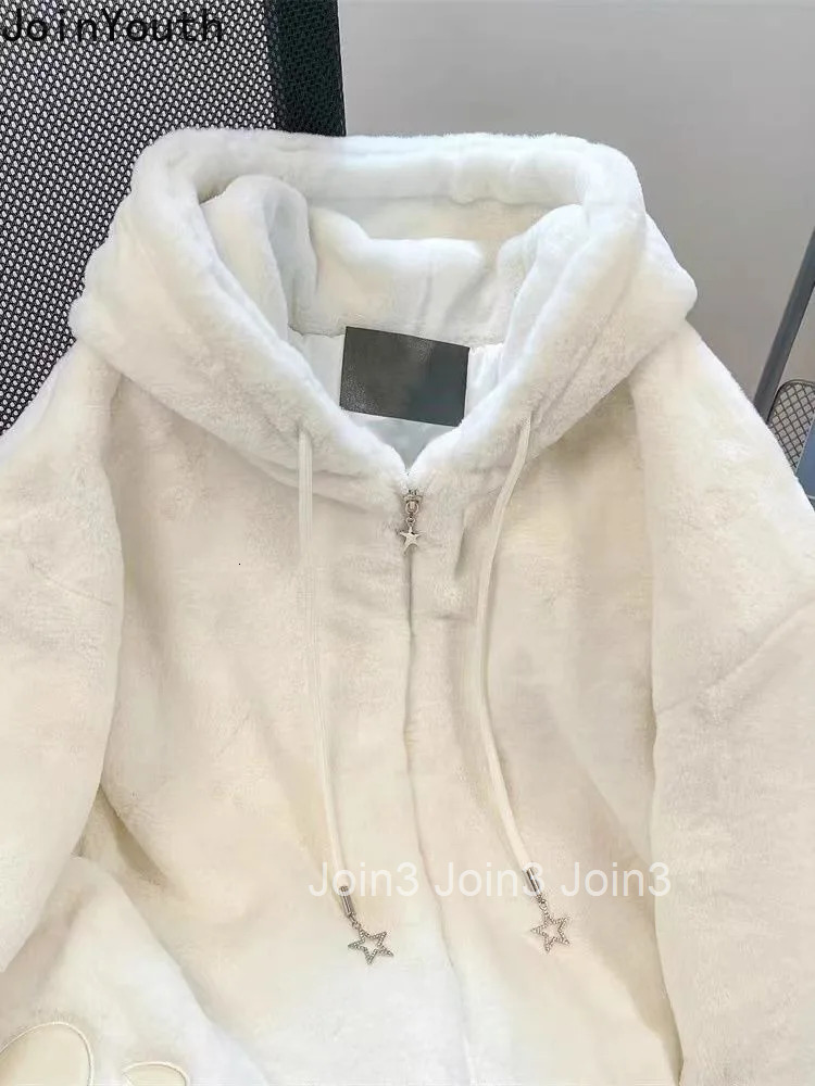 Winter Women Clothing Japanese Cute Jackets Hooded Rabbit Ear Zipper Thicked Warm Outwear Y2k Tops Fashion Sweet Furry Coats