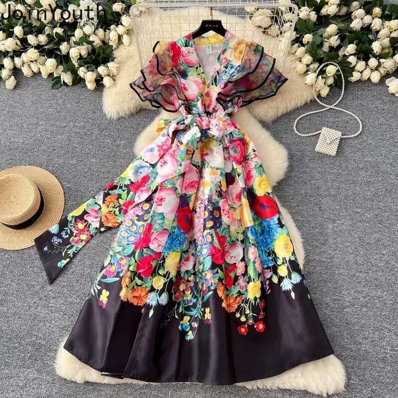 Elegant Woman Dress V-neck Bandage Tunic Robe Femme Women Clothing 2025 Vestidos De Mujer Floral Big Swing Gauze Summer Dresses