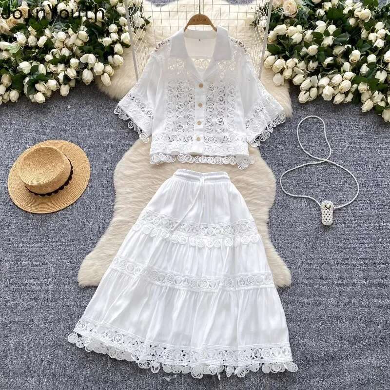 Skirt Suit 2 Piece Sets Women Outfits Short Sleeve Hollow Out Blouses Slim Waist Patchwork Lace A-line Skirts Set Summer Clothes