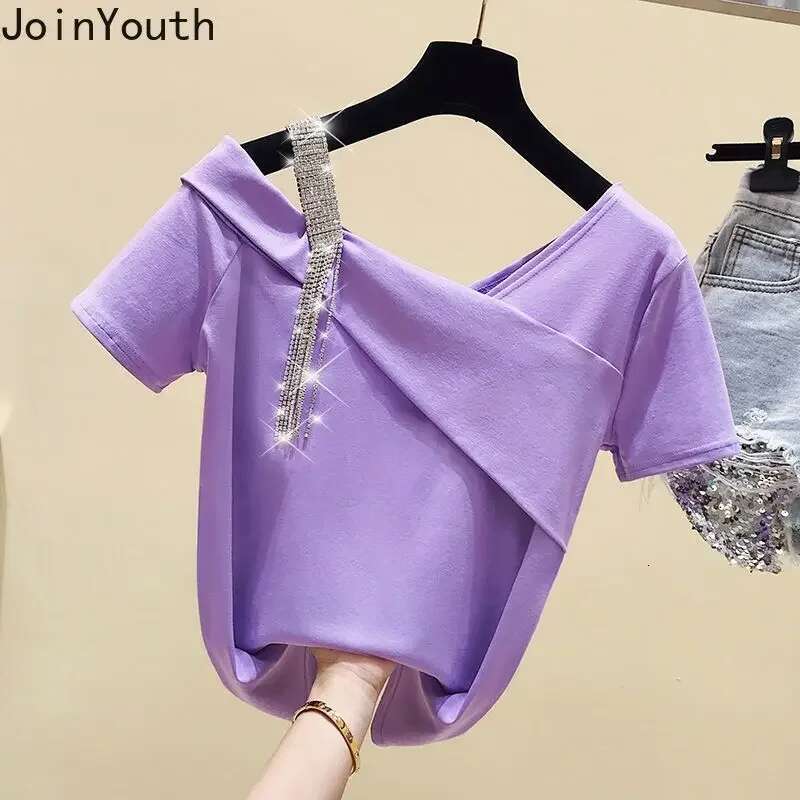 Short Sleeve Woman Tshirts 2025 Ropa Mujer Off Shoulder Diamond Summer Tees Solid Color Casual T Shirt Fashion Y2k T-shirt Tops