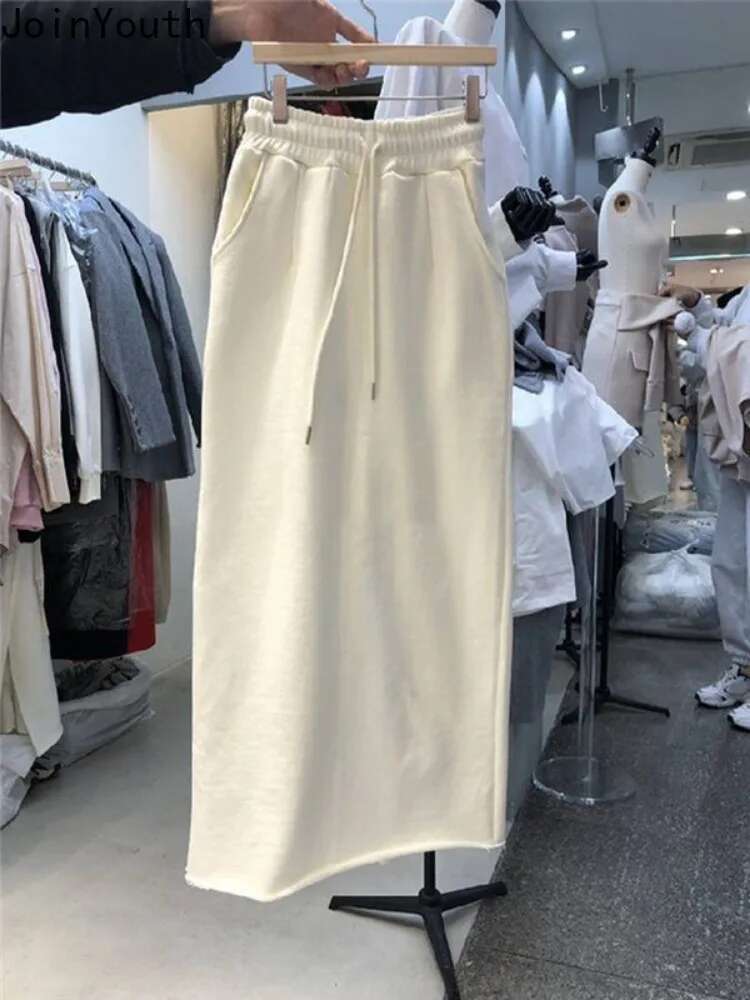 2025 Faldas Mujer De Moda Casual Skirts for Women High Waist Solid Color A-line Korean Jupe Bandage Fashion Bodycon Long Skirt