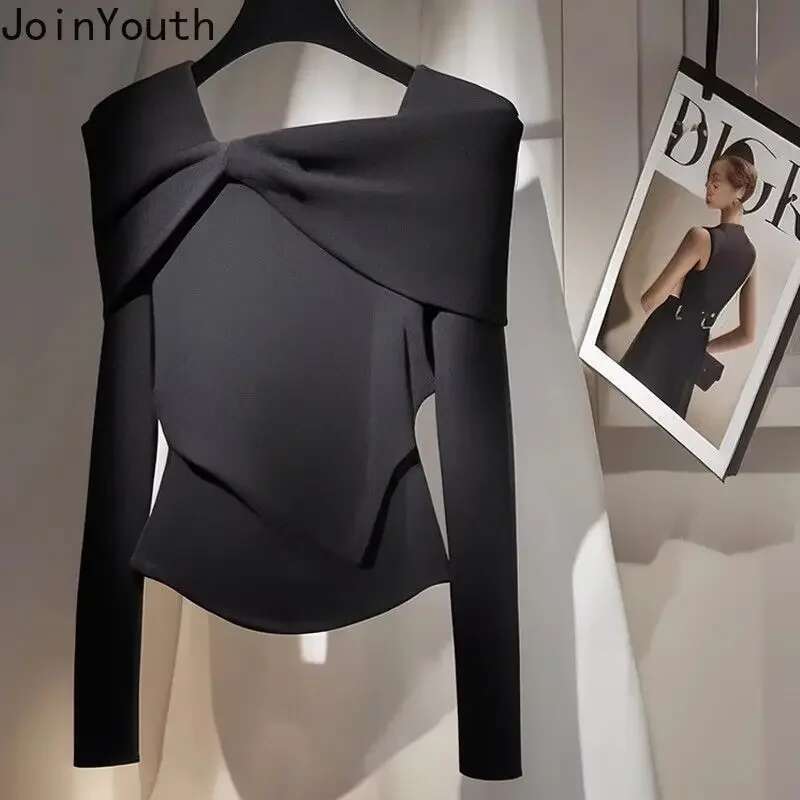 2025 Women Clothing Y2k Top Black T Shirts Square Collar Long Sleeve Tunic Tees Crop Tshirts Ropa Mujer Bow Temperament T-shirt