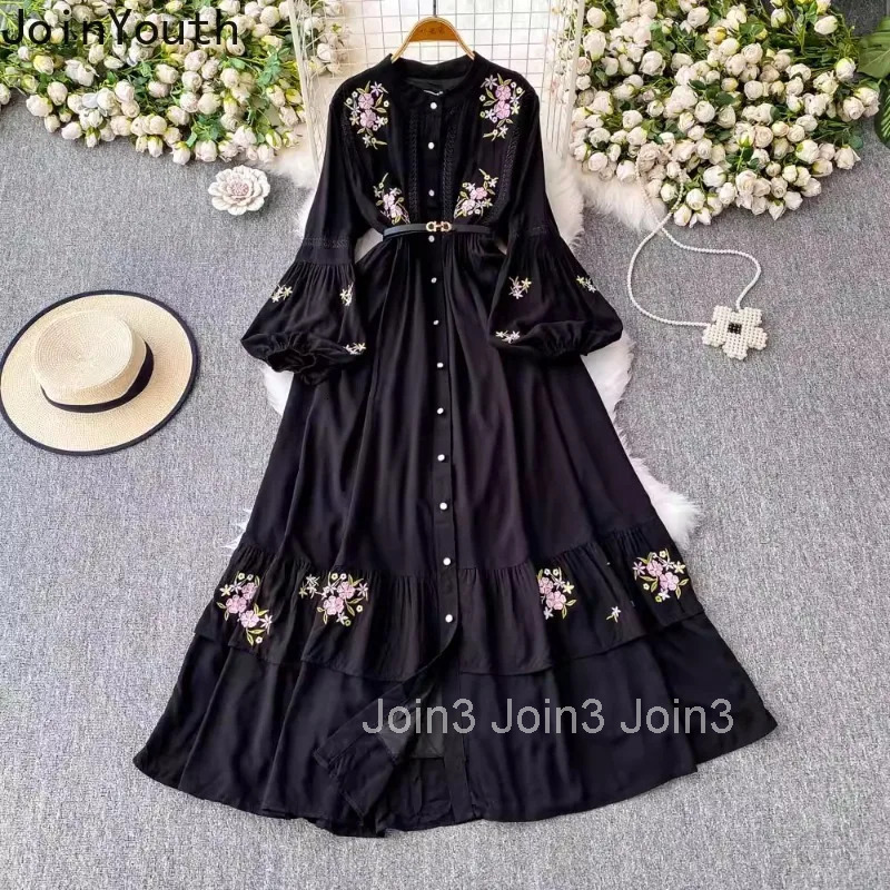 Vintage Dresses Women Clothing Lantern Sleeve Single Breasted O-neck Robe Femme A-line Big Swing Floral Embroidery Maxi Dress