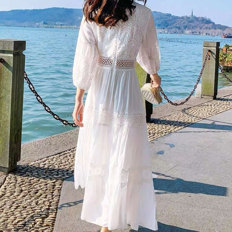 White Skirt Maxi Skirt Yunnan Style Fairy Spring Summer White Sweet French Puff Sleeve Over The Knee Long Beach Outing Dress Long Skirt