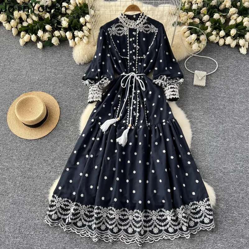 Vintage Embroidery Stand Collar Dresses for Women 2025 Summer New Robe Femme Heavy Elegant Lantern Sleeve Chic Vestido Feminino
