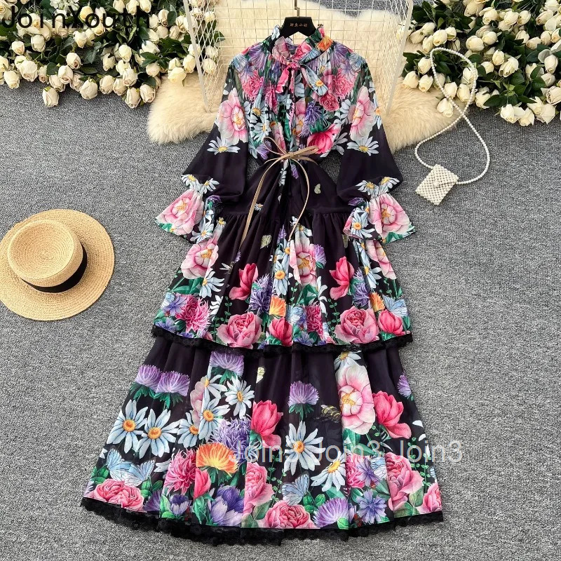 Vintage Maxi Dress Women Clothes Bandage Bow Single Breasted High Waist A-line Robe Femme Patchwork Lace Floral Summer Dresses