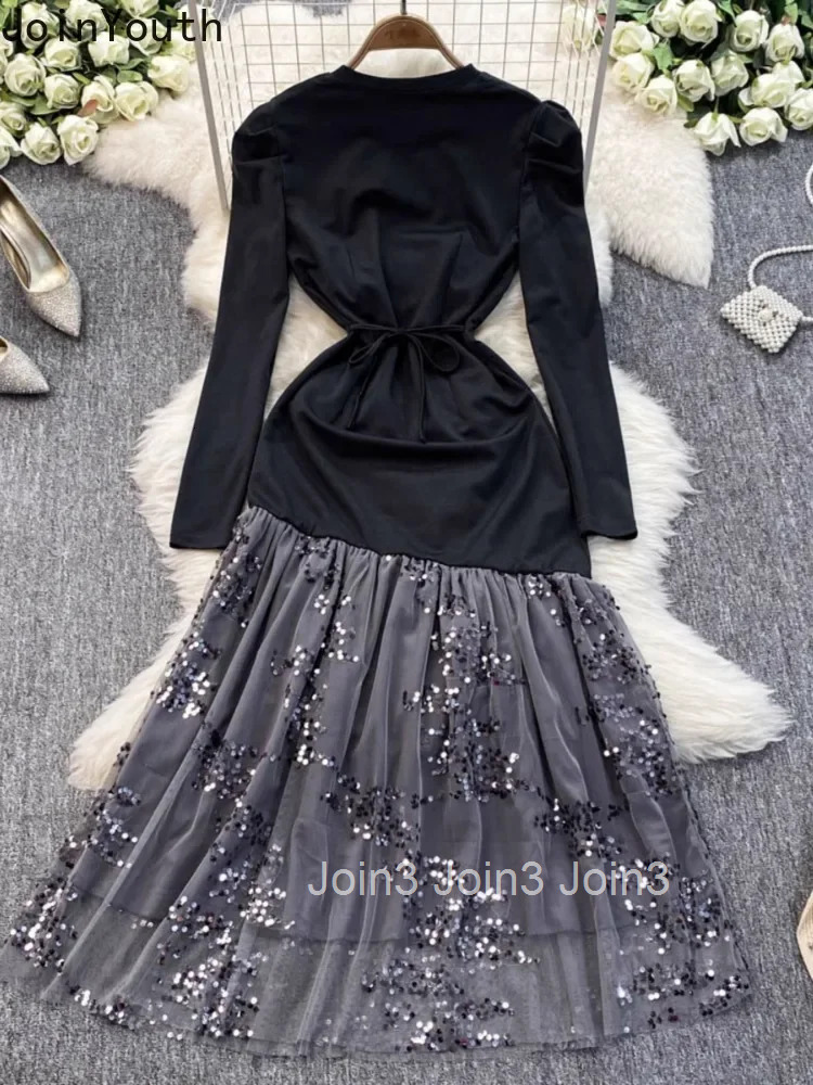 2025 Vestidos De Mujer Gauze Patchwork Sequin Knitted Dresses Tunic Temperament Robe Femme Contrast Color Bodycon Party Dress