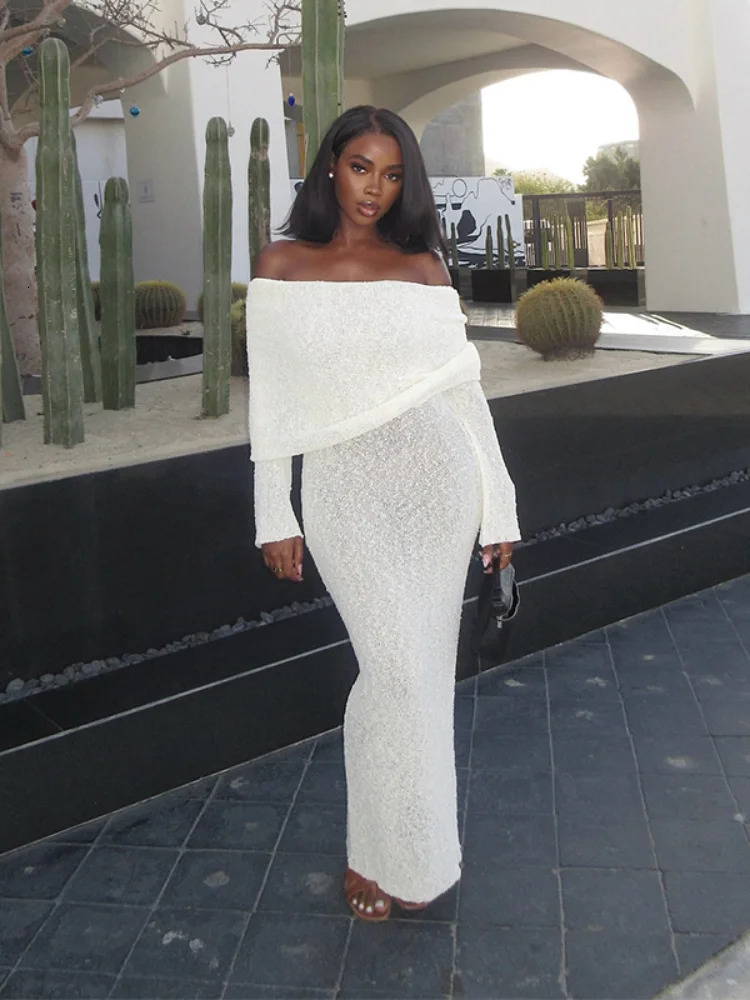White Elegant Off Shoulder Knit Long Dress Women Fashion Full Sleeve Strapless Bodycon Dresses Summer Beach Vocation Vestidos 250617