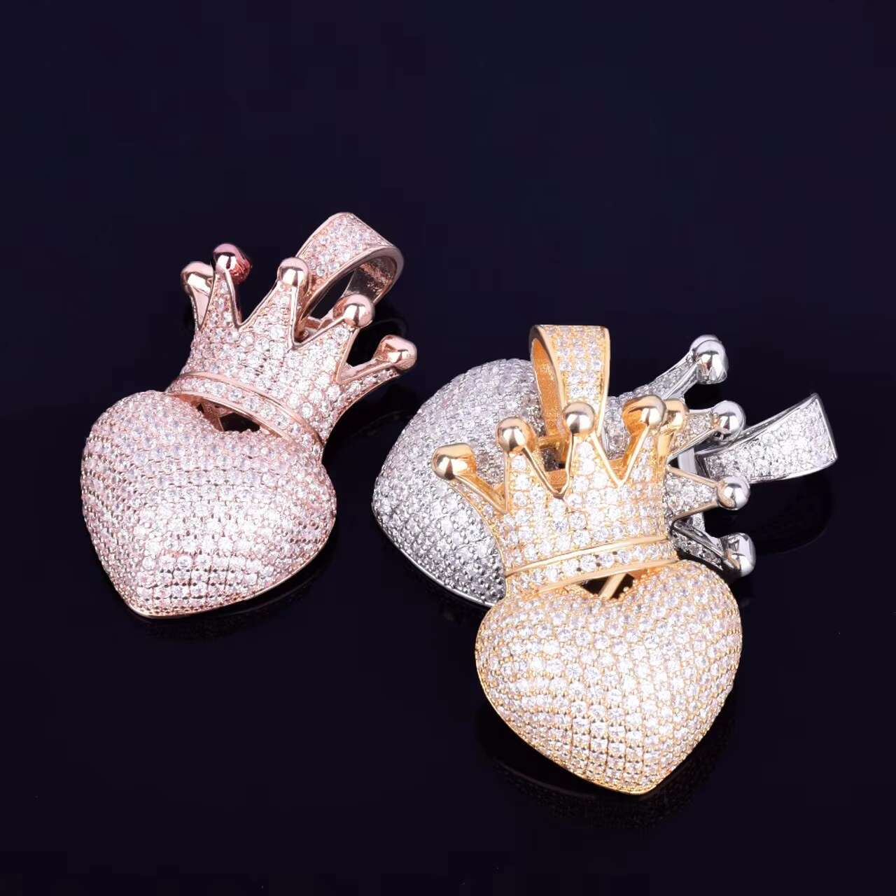 Luxury 18k Gold .925 Silver Iced Heart with Crown Pendant Hip Hop Style Moissanite Necklace Charms