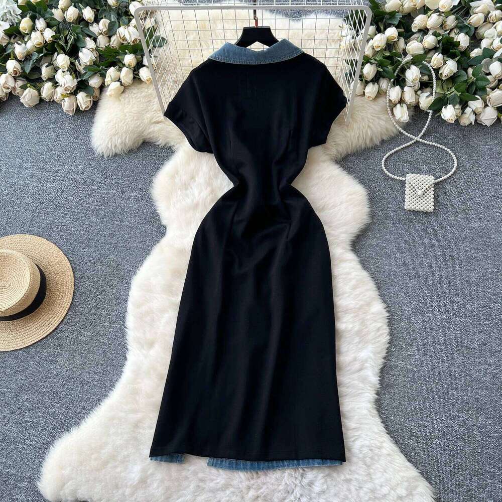 Chic Elegant Polo-Neck Split Korean Fashion Fairy Sexy High Waist Vestidos Summer Vacation Dress