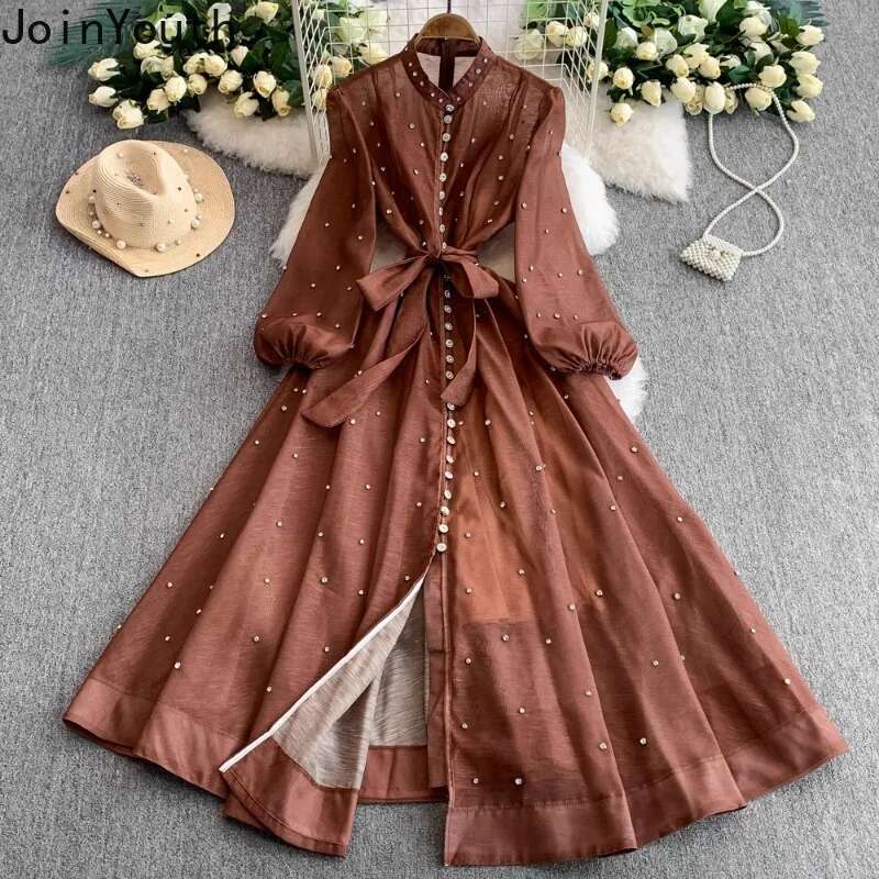 Elegant Maxi Dresses Women Clothing Stand Neck Lantern Sleeve Temperament Robe Femme 2025 Vestidos De Mujer Diamond Summer Dress