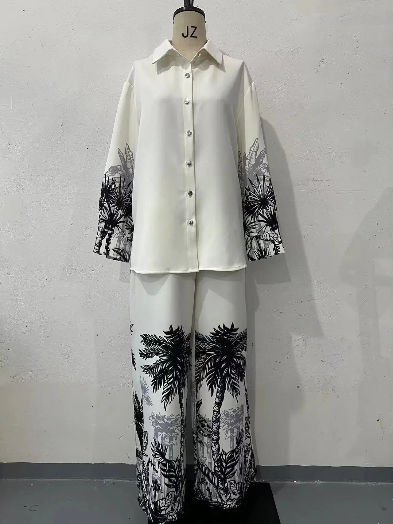 Muslim Two Piece Set Women Print Shirt Single Breasted Blouse Wide Leg Pants Suit Dubai Arabic Outfits Morocco Islam Ensemble 250617