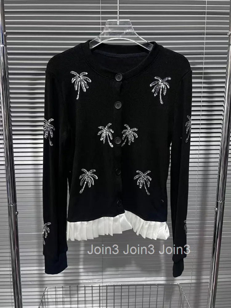 2025 Women Cardigan Patchwork Ruffles Sequin Sueter Mujer O-neck Casual Black Pull Femme Vintage Knitting Korean Sweater Tops