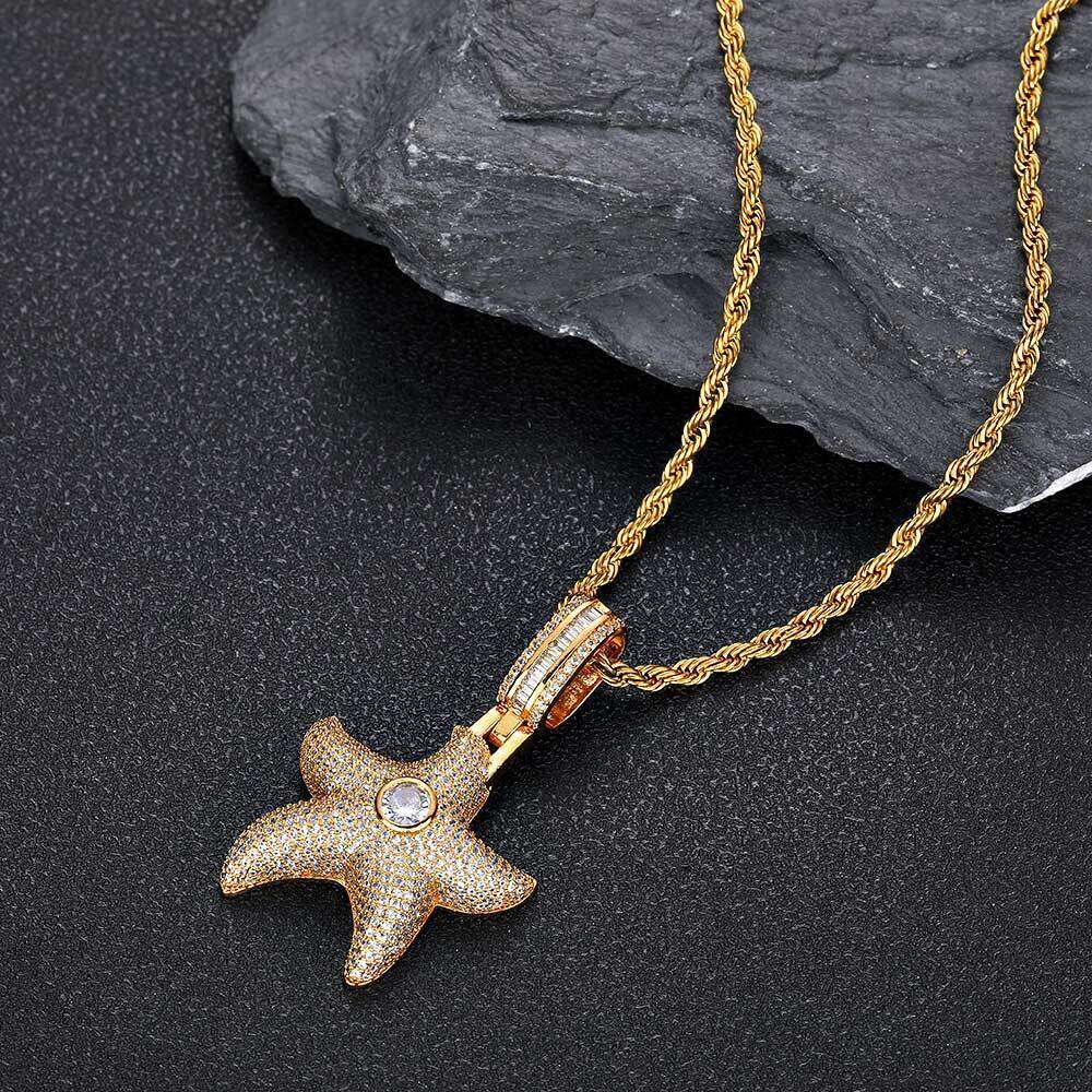 Hip Hop Micro Paved Zircon Pentagram Trendy Brand Personality Full Dia Starfish Pendant Men's Necklace 6c13