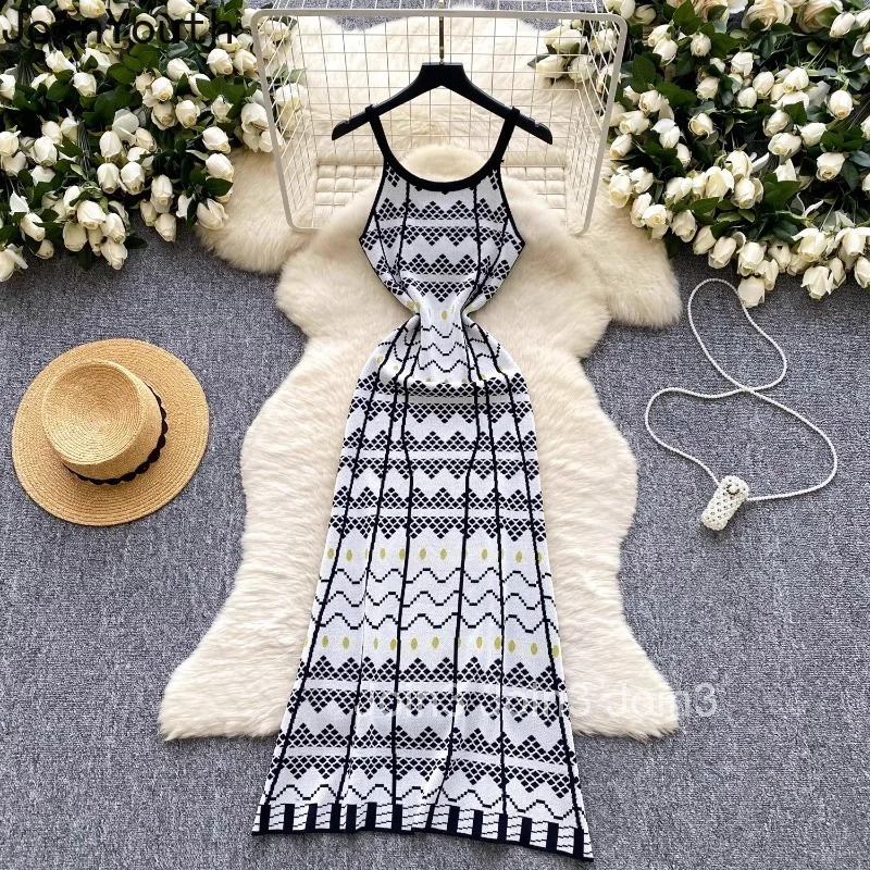 Knitting Thin Dress Women Clothes Print Sleeveless Summer Robe Femme Casual Fashion Vintage Maxi Dresses 2025 Vestidos De Mujer