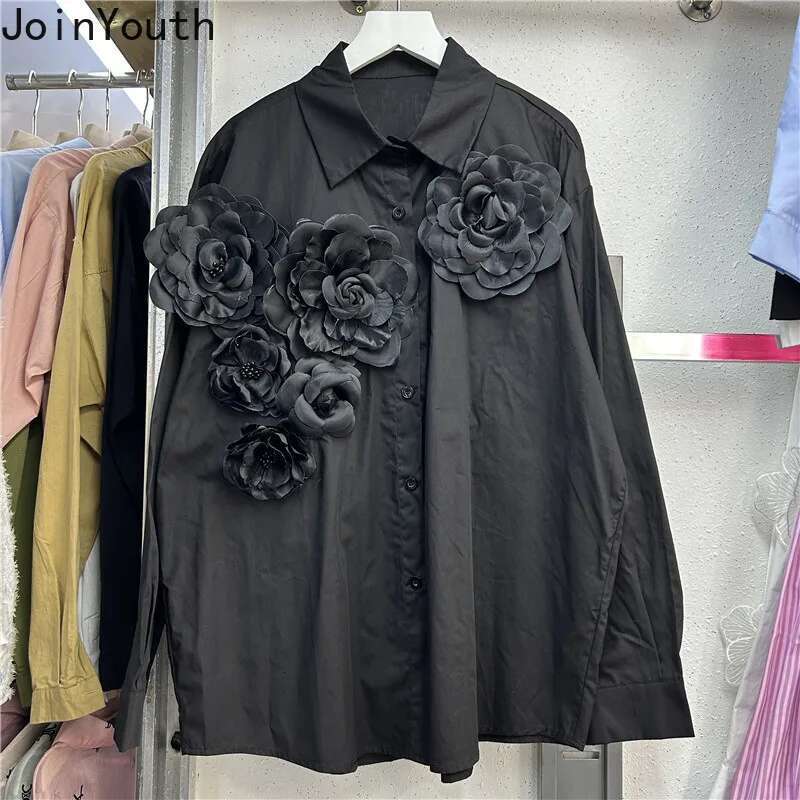 Vintage Blouse Womens Clothing Solid Color Long Sleeve Shirts Loose Fashion Korean 3D Floral Tops 2025 Blusas Mujer De Moda