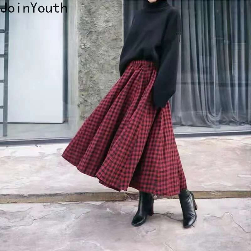 2025 Faldas Mujer De Moda Vintage Skirts Women Clothing High Waist A-line Jupe Fashion Plaid Loose Saia Korean Long Skirt 7L770