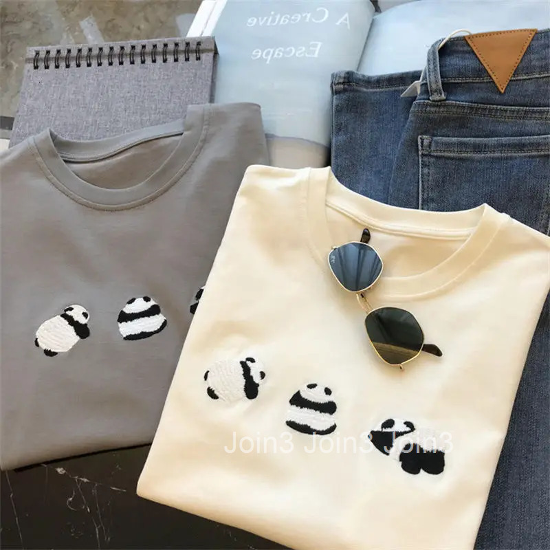 Summer Woman Tshirts Y2k Tops Womens Clothing Fashion Cartoon Tees Panda Embroidery Short Sleeve Camisetas Casual Cute T Shirts