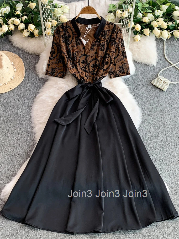 2025 Vestidos De Mujer Summer Dresses Womens Clothing V-neck Bandage Slim Waist A-line Robe Femme Patchwork Lace Vintage Dress