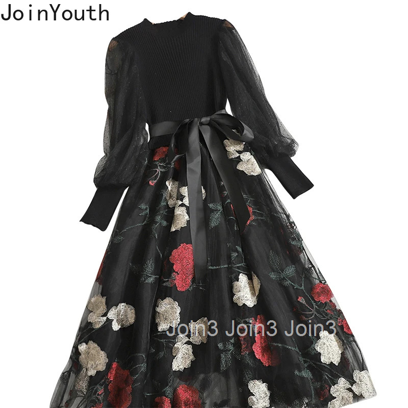 Korean Temperament Robe Femme O-neck Bandage Bow Dresses 2025 Vestidos De Mujer Gauze Embroidery Floral Vintage A-line Dress