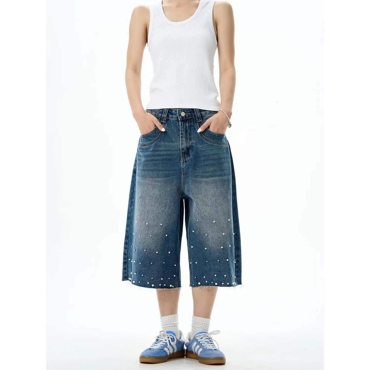DM Hip Hop Fashion Rivet Jeans Shorts Streetwear Blue Loose Denim Shorts For Men Washed 250617