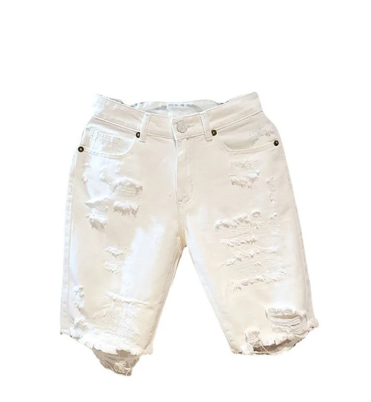 Summer Fashion Cropped Mens Tattered Ripped Shorts Loose Straight Casual White Denim Pants Streetwear Men Boyfriend Jeans 250617