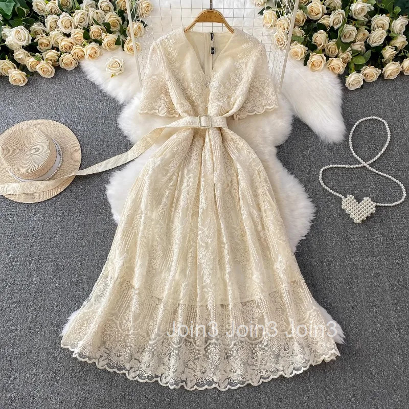 Temperament Robe Femme Summer Elegant Dresses for Women 2025 Vestidos De Mujer V-neck Short Sleeve Tunic Lace Beading Maxi Dress