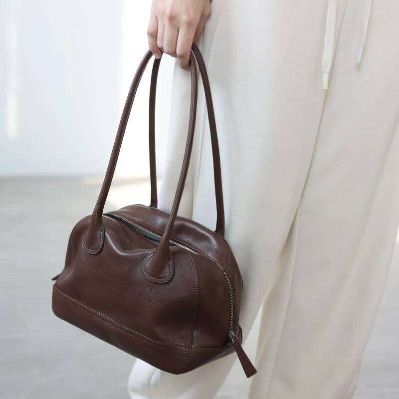 Women's Genuine Leather Vintage Zipper Handbag Small Size Tote Real Cowhide Singel Shoulder Bags