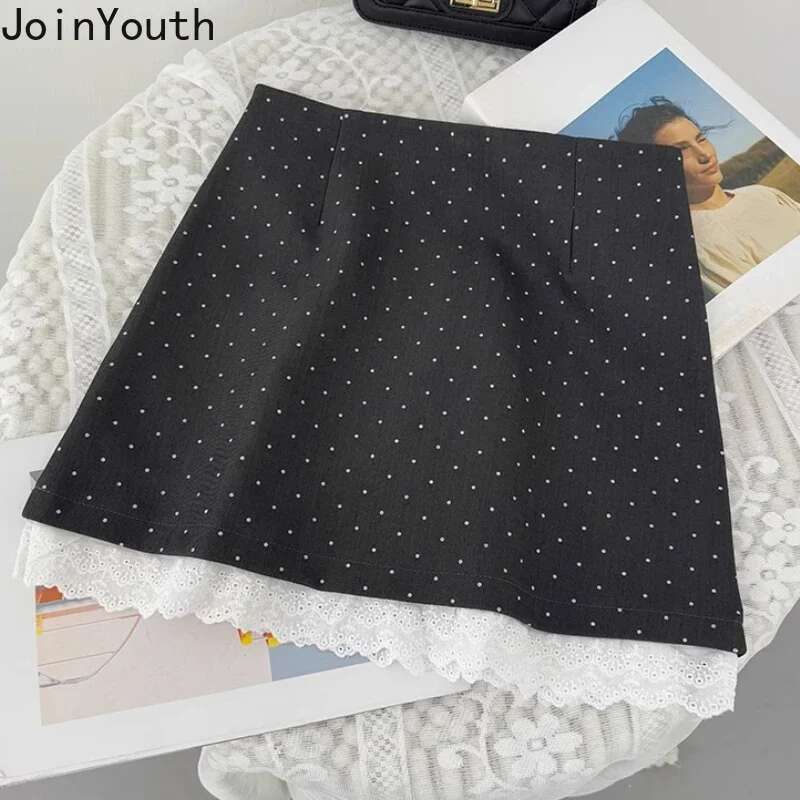 Bodycon Women Skirt 2025 Faldas Mujer De Moda High Waist Tunic Polka Dot Jupe Fashion Vintage Saia Patchwork Lace Mini Skirts