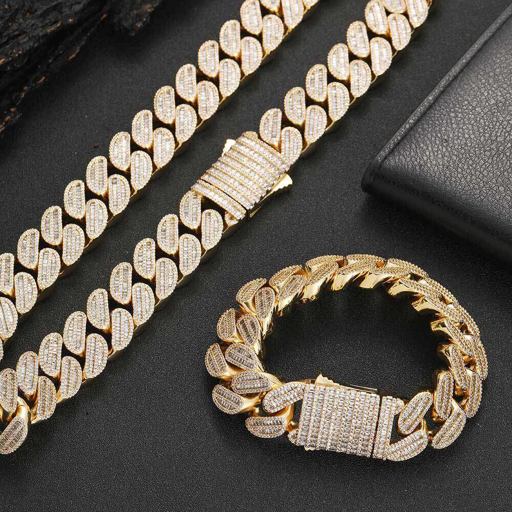 Hip Hop 20mm Mixed Double Row T Cubic Zirconia Cuban Chain Trendy Brand Men's Necklace Bracelet bf7a