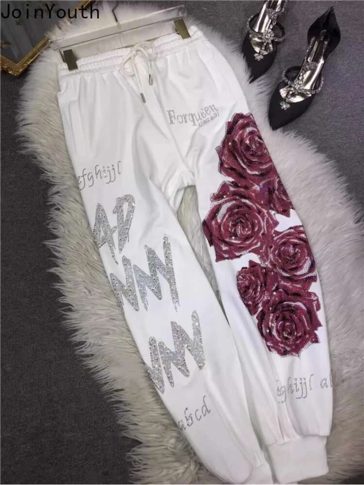 Streetwear Chic Pants for Women 2025 New Bottoms Heavy Diamond Letter Floral High Waist Trousers Korean Harajuku Y2k Harem Pants