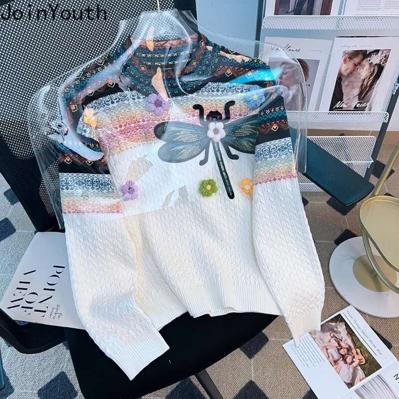 Vintage Women Sweater 2025 Ropa Mujer Heavy Embroidery Long Sleeve O-neck Jumper Fashion Korean Knitted Cropped Pullovers 27s339