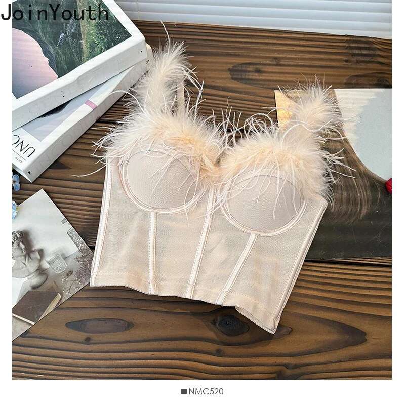 Women Clothing Sexy Vest Patchwork Gauze Furry Temperament Camisetas Y2k Tops Fashion Tunic Korean Summer Tanks Ropa Mujer 2025