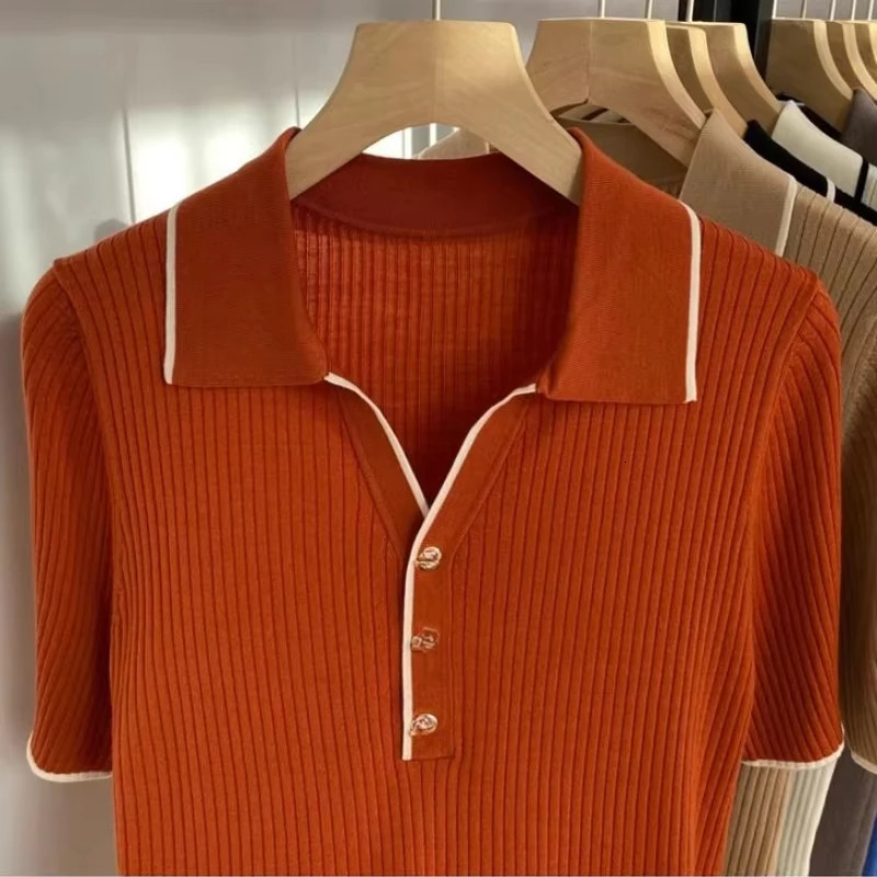 OCEANLOVE Stripes Knitted T Shirt for Women Contrast Color Vintage Spring Summer Ropa De Mujer Fashion Simple Short Tees 250619