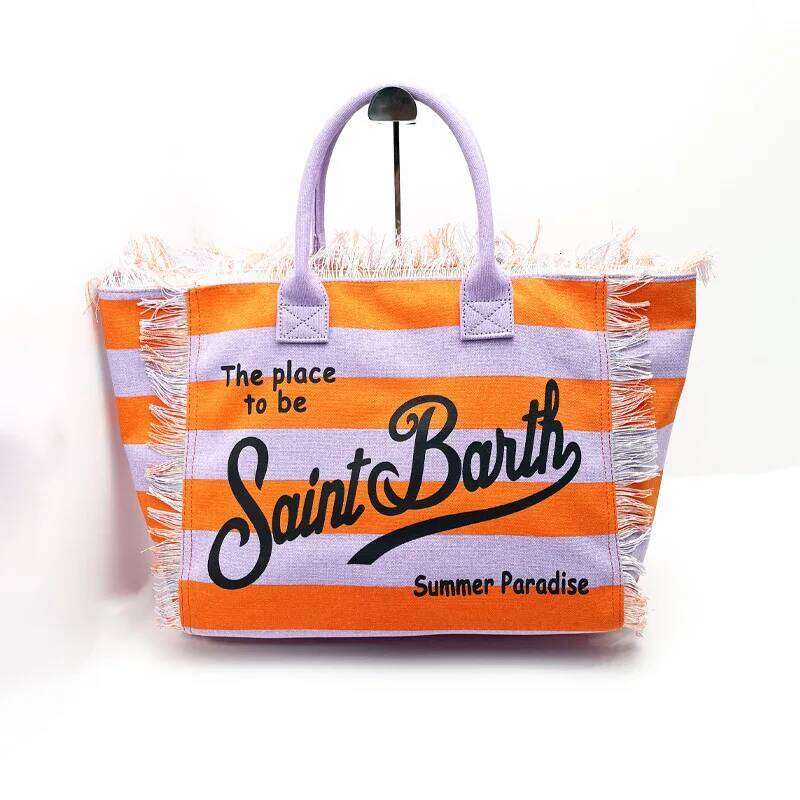 SAINT BARTH European And American New Women's Large Capacity Casual Travel Canvas Striped Handmade Tassel Handbag Tote Bag