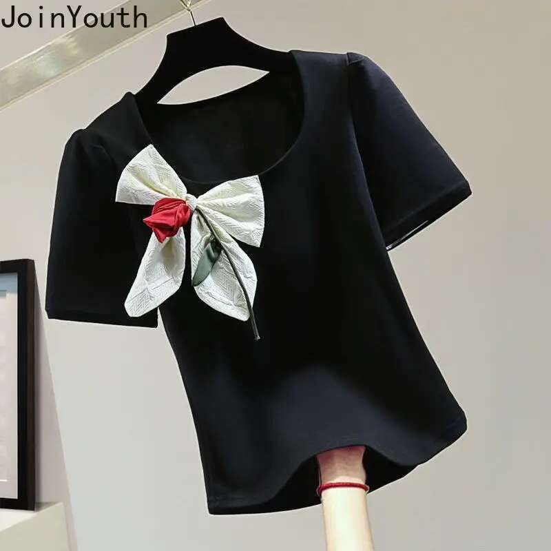 White Woman T Shirts Square Collar Puff Sleeve Tunic Tees Fashion Korean Camisetas 2025 Ropa Mujer Bow Sweet Summer T-shirt Tops
