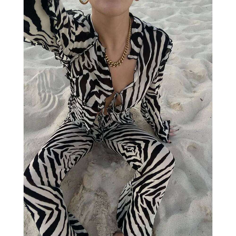 Cryptographic Animal Print Mesh Sheer Stripe Tie Front Detail Top Matching Fashion Outfits 2 Piece Sets Holiday Beachwear