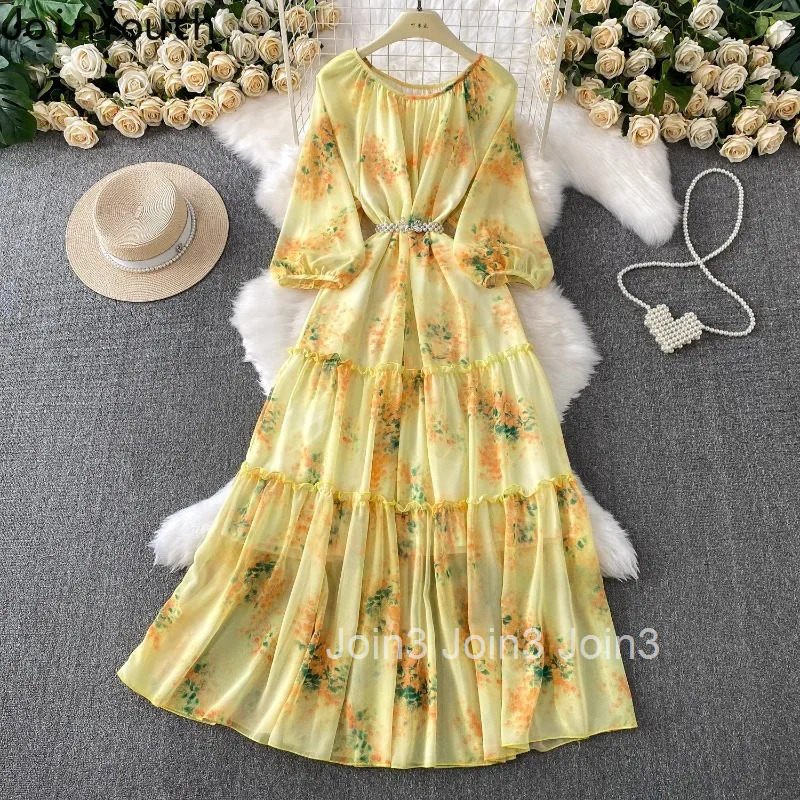 Chiffon Dress for Women Lantern Sleeve Print Summer Robe Femme Ruffles Slim Waist Big Swing Maxi Dresses 2025 Vestidos De Mujer