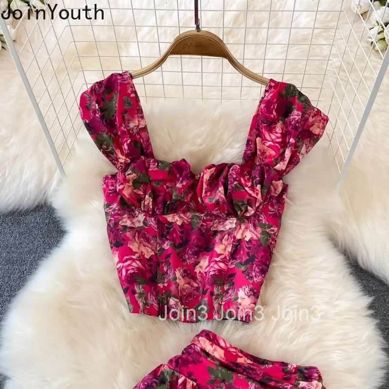 Skirt Suit Women Clothes Fashion 2 Piece Sets Roupas Femme Tunic Vest High Waist A-line Big Swing Skirt Outfits Print Summer Set