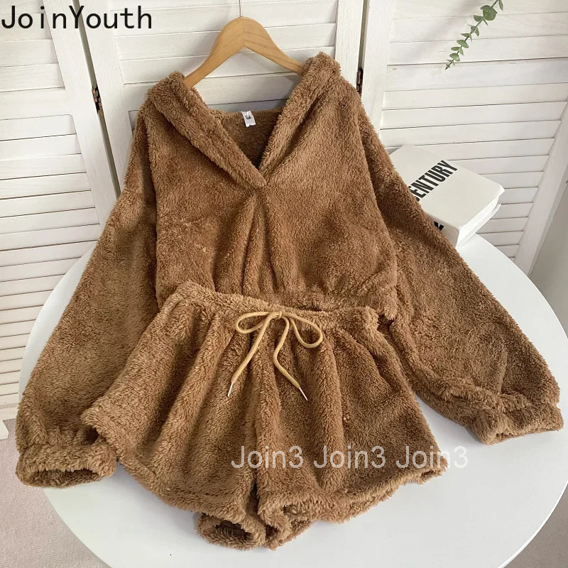 Cute Two Piece Sets Womens Outfits Roupas Femme Hooded Sweatshirts Elastic Waist Shorts Suit Fashion Casual Furry Y2k Set 63a303