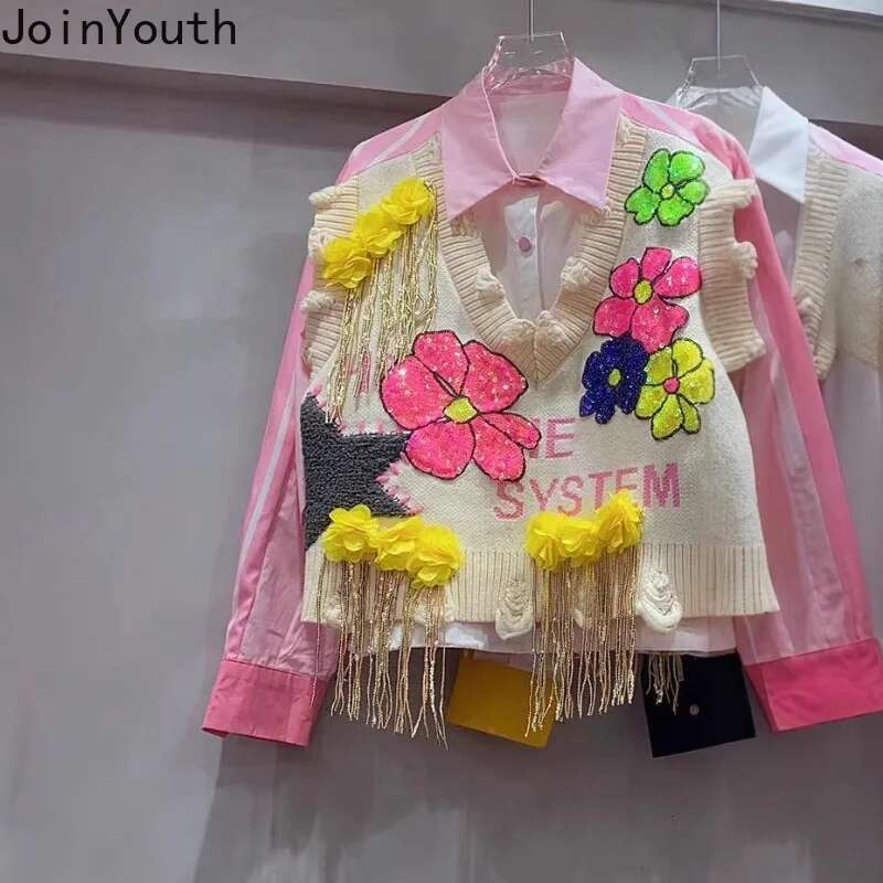 Patchwork Knitted Shirt Sequin Graffiti Long Sleeve Blouses Women Clothes Fashion Loose Korean Blouse Tops 2025 Camisas De Mujer