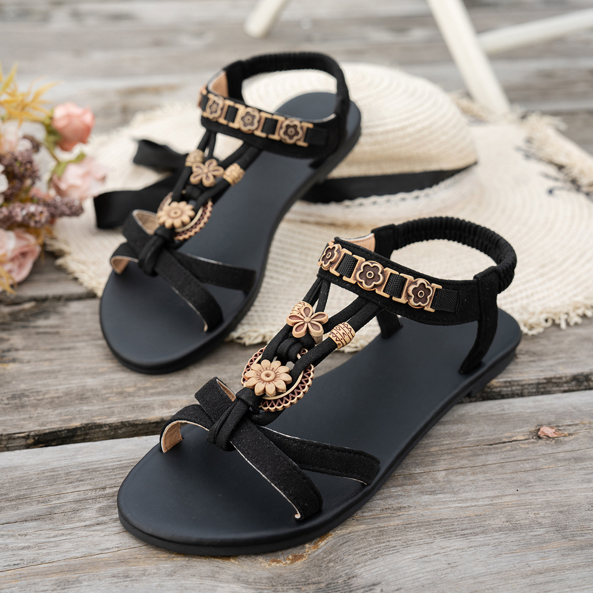 Luxury Brand Designer Shoes Sandals Cross-Border Flat Fashion Plus Size Sandals For Women 2025 Summer New Bohemian Casual Elastic Strap Beach Sandals