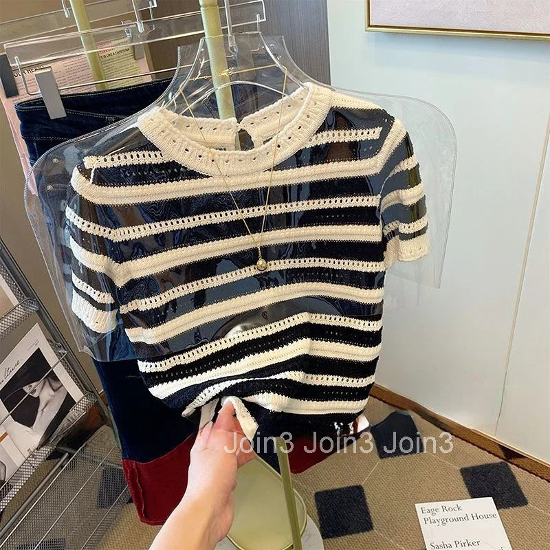 Striped Tshirts Women Clothing O-neck Short Sleeve Summer Tees Fashion Hollow Out Knitted Casual T Shirts Tops 2025 Ropa Mujer