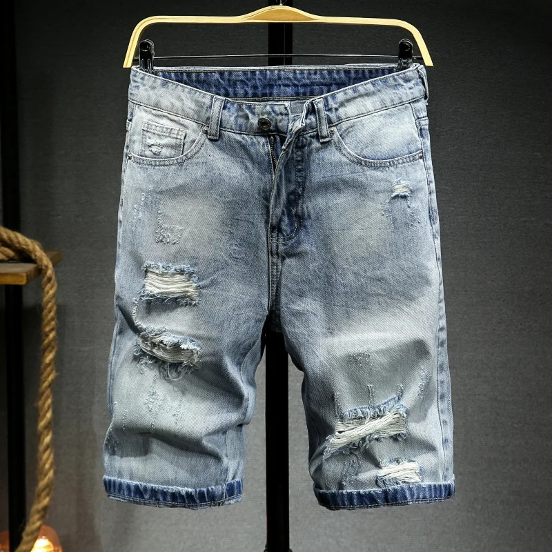 Blue Hole Denim Shorts Mens Summer Casual Jeans Shorts Large Size 28-36 38 40 250617